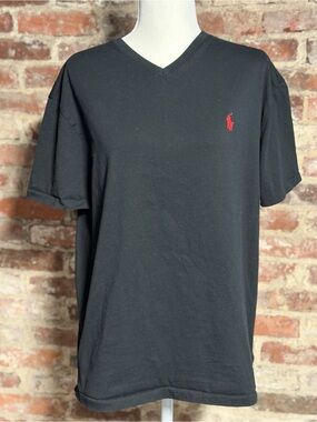 Polo Ralph Lauren Black Classic Fit V-Neck T-Shirt Size Medium Red Pony
